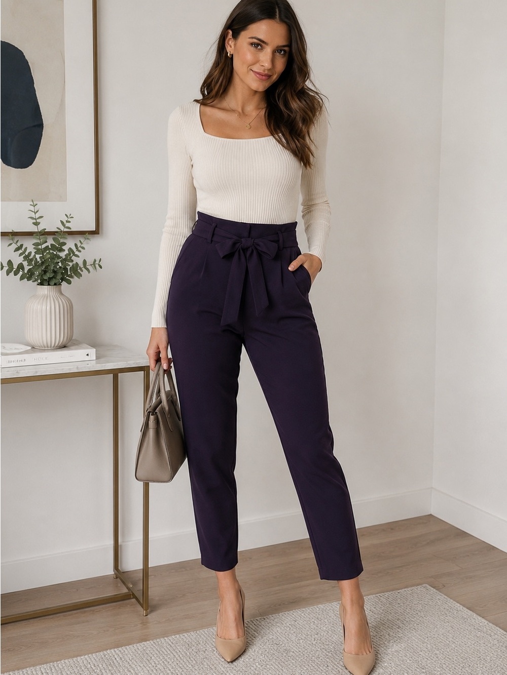 RW&CO women's purple high waisted paper bag tie waist tapered ankle pants Sz 8